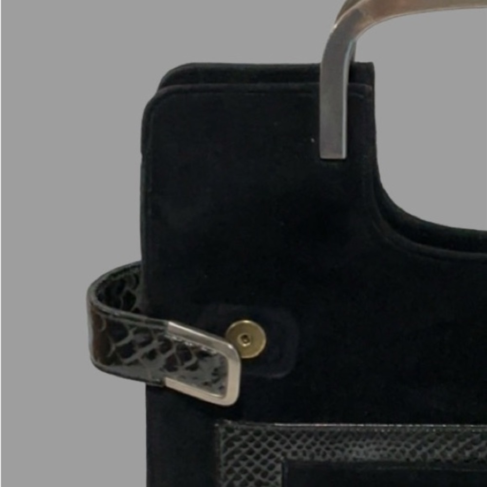 BLOCK Vintage Black Suede and Reptile Skin Frame Handbag with Grab Top Handles - Picture 6 of 10